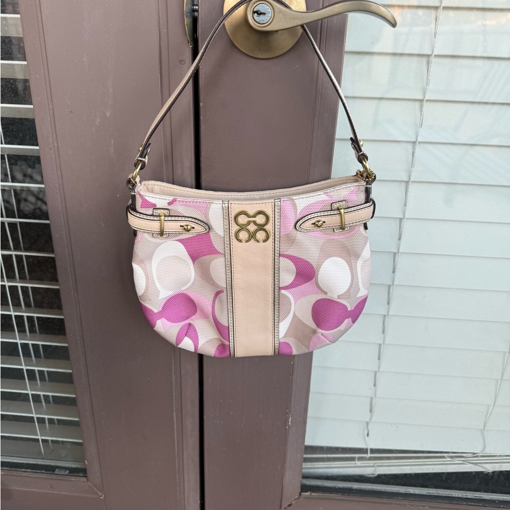 Coach Pink Patterned Shoulder Bag with Beige Trim